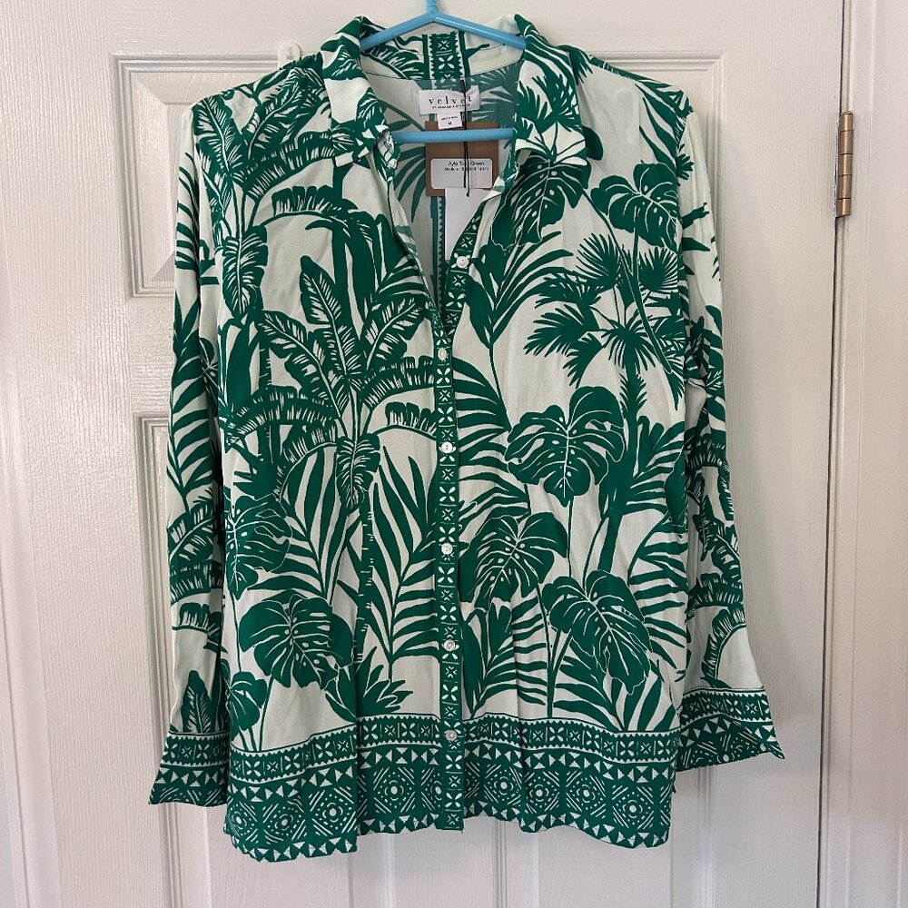 Ayla Top in White/Green, Velvet by Graham & Spencer, SIZE M